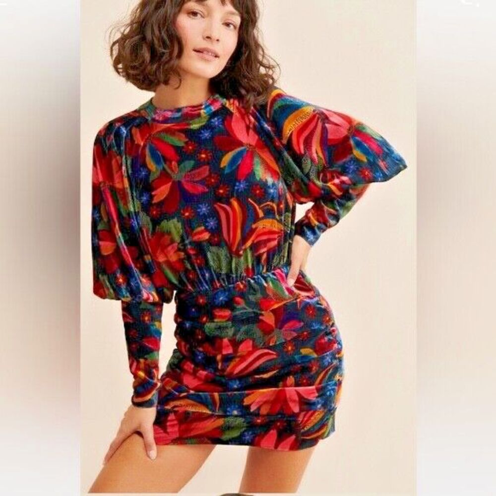Farm Rio Velvet Mini Dress, Black Banana Sky, Medium, New!
